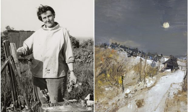 Artist Joan Eardley and her painting Catterline in Winter, 1963.