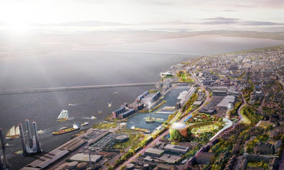 artist impression of plans for the Eden Project Dundee on the site of the former gas works beside the city docks and River Tay.