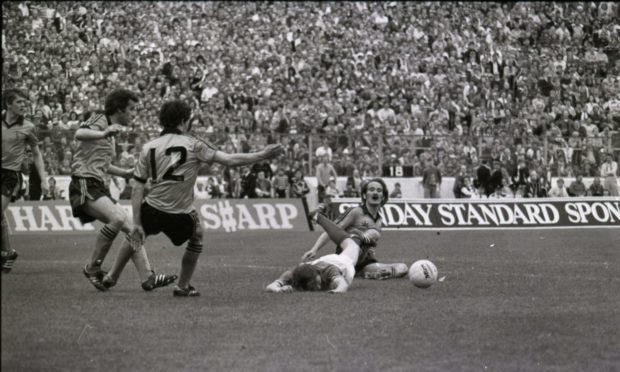 Iain Phillip brings down Bobby Russell in the United box with just seconds to go in the 1981 Scottish Cup Final at Hampden.