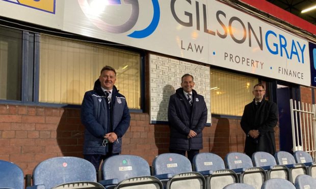 Jonny McInally, commercial manager, Dundee FC; Lindsay Darroch, Partner and Head of Dundee Office, Gilson Gray and Dark Blues MD John Nelms.