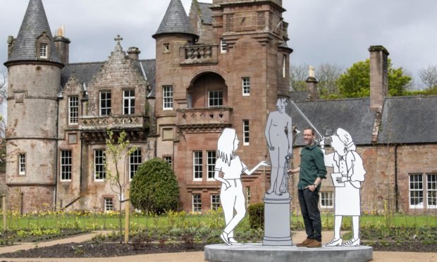 Artist Mick Peter unveils one of a series of new sculptures at Hospitalfield Arbroath ahead of the public opening of the new gardens, glasshouse cafe and restored Fernery.