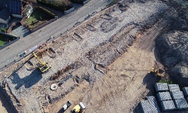 An aerial view of work at Hercules Den during the construction phase. 