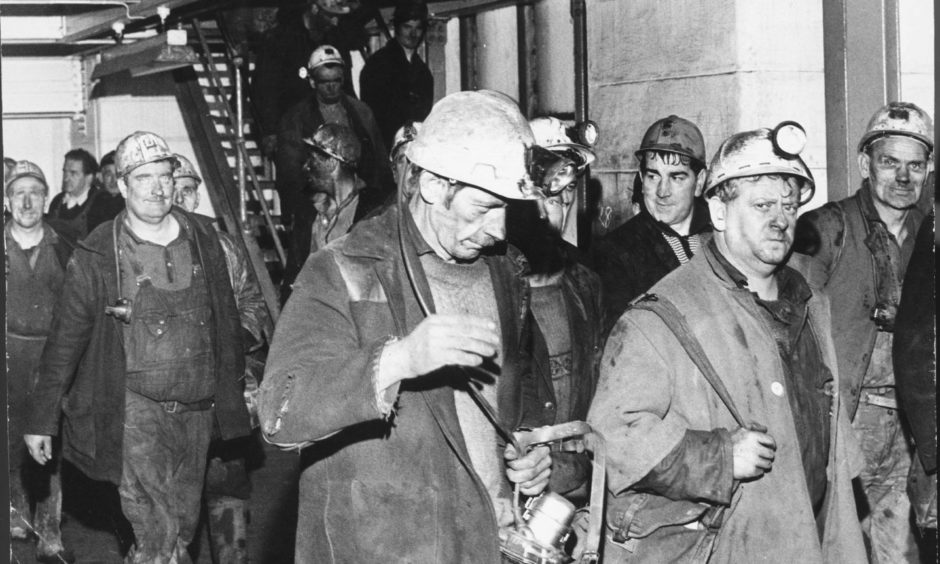 A scene from bygone days as miners leave work at the Seafield Colliery, Kirkcaldy.
