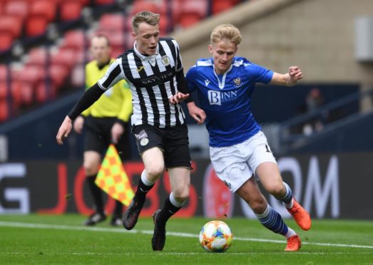 Ex-Dundee United target Jake Doyle-Hayes challenges wanted St Johnstone man Ali McCann in last season's Scottish Cup semi-final.