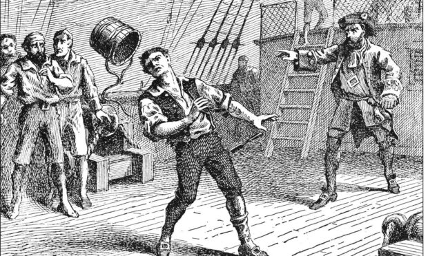 Captain William Kidd hits William Moore with an iron clad barrel in this illustration.