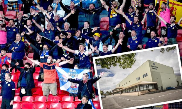 Scotland fans at Wembley with the Don and Low nonwowens factory in Forfar (inset). Roddie Reid/DCT Media.