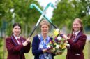 Anne Callander with Forfar Academy S6 pupils Rachel Wilson and Eilidh Troup.