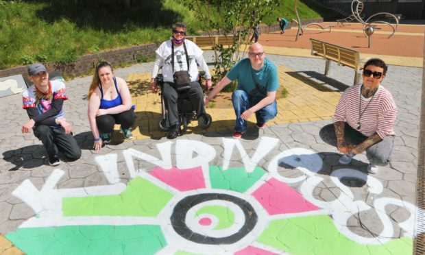 the " Bottom of the Hill Tennants Group" launched their " Positive Vibes Project" at Tulloch Court Multi today, organisers are Gary Germaine, Chloe Gaskin, Gill Webster, Daniel Burns & artist Pamie Bennett