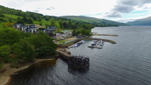 Aerial view of the Crannog Centre with Taymouth marina behind