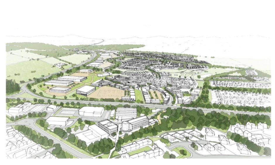 artist impression of Perth West scheme showing business buildings and homes on edge of Perth