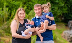 Ashleigh and Steven with baby Liam who was born hours again of the Scotland England Euro 2020 game and his sister Grace