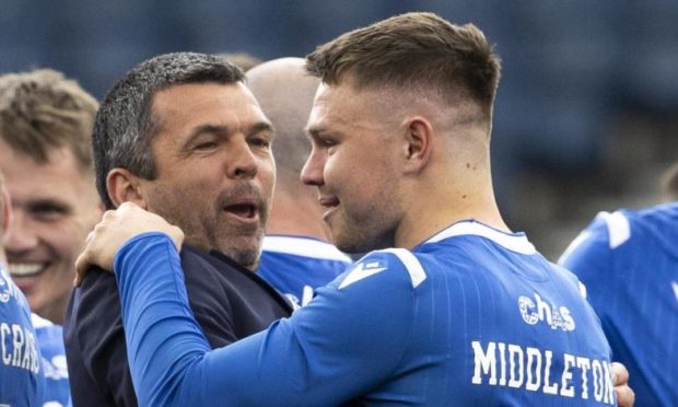 Callum Davidson and Glenn Middleton celebrate winning the Scottish Cup.