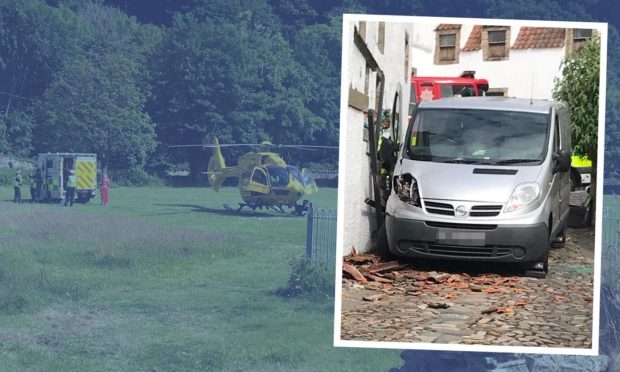 A Scottish Air Ambulance lands in Culross to assist after vehicle crashed into building.