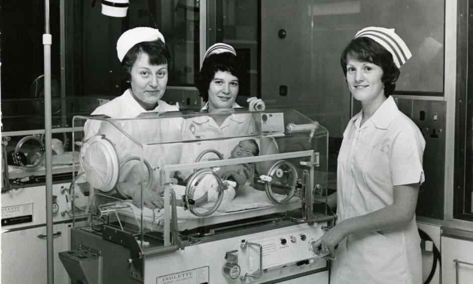 Some of the staff at the special care baby unit at Ninewells Hospital in January 1976.