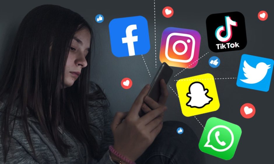 young woman looking at phone, with logos for Facebook, Instagram, TikTok, Snapchat, Twitter and WhatsApp