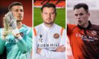Dundee United goalkeeper Benjamin Siegrist, boss Tam Courts and striker Lawrence Shankland.