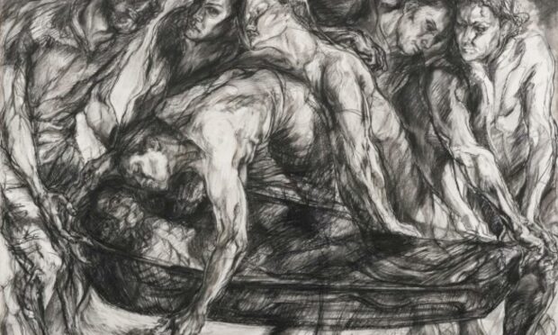 Beth L Fisher's 2006 conte and charcoal on paper Burial II is on display the Ages of Wonder exhibition at the Meffan Institute.