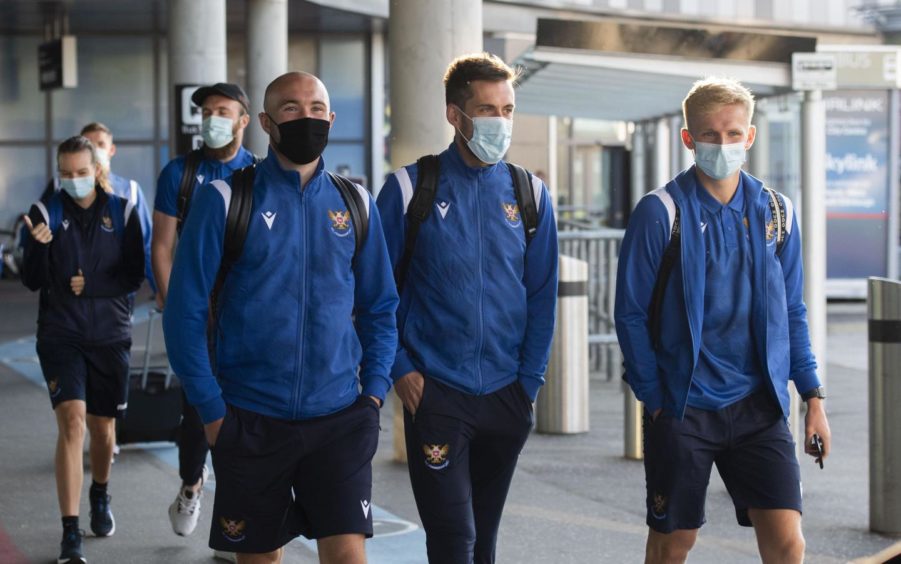 Callum Booth (second from right) with Chris Kane and Ali McCann as St Johnstone prepared to fly to Turkey to face Galatasaray in Europe