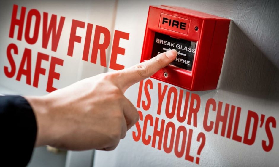 A finger about to press a fire alarm with the text 'How fire safe is your school' beside it