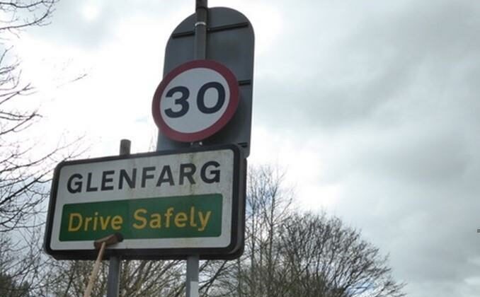 Road sign, saying' Glenfarg, drive safely'