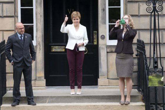 Patrick Harvie, Nicola Sturgeon and Lorna Slater at Bute House during Monday's appoitment.