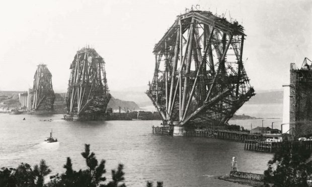 The Forth Bridge under construction in 1887.