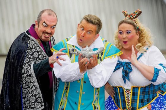 Gavin James, Greg McHugh and Leah MacRae are all starring in the Crossroads production of Aladdin at the SEC Armadillo. Pictures supplied by Frame PR.