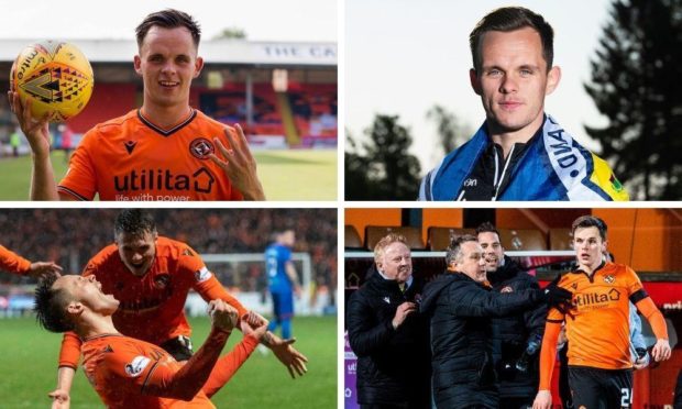 Lawrence Shankland's brightest moments for Dundee United (clockwise from top left): Four-goal debut against Inverness, first Scotland call-up, St Johnstone wonder-strike and league-winning goal.