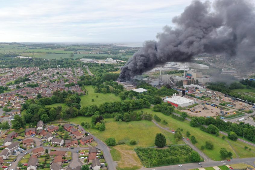 An aerial shot of the fire at Baldovie Industrial Estate.