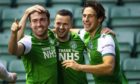 EDINBURGH, SCOTLAND - NOVEMBER 21: Jamie Murphy celebrates with Steven Mallan and Joe Newell after scoring to make it 1-0 Hibs during a Scottish Premiership match between Hibernian and Celtic at Easter Road, on November 21, 2020, in Edinburgh, Scotland (Photo by Craig Foy / SNS Group)