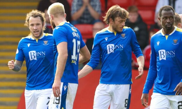 St Johnstone's Stevie May celebrates after scoring.