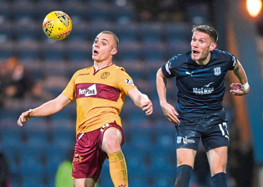 The Dark Blues’ Andy Dales battles with Motherwell’s Liam Grimshaw in the 1-0 defeat at Dens Park on Saturday