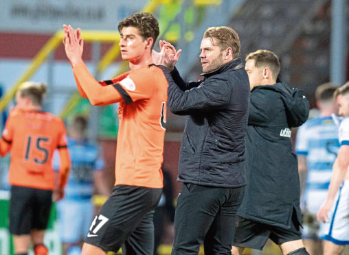 Harkes with Dundee United manager Robbie Neilson at full-time against Morton