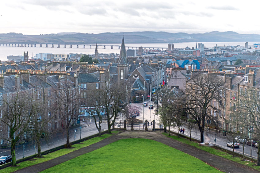 photo shows a view across Dundee towards the River Tay from the Stobswell area of Dundee.