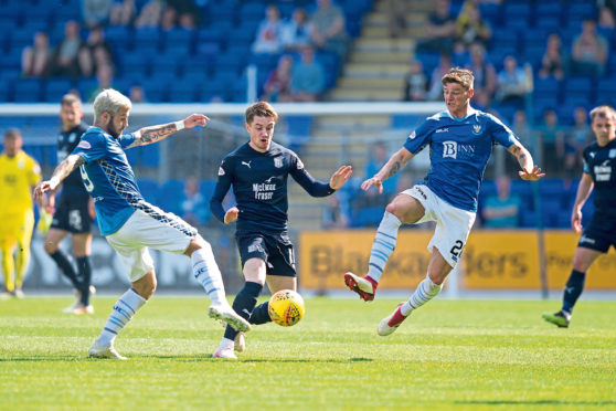 Scott Wright competes with Richard Foster and Ross Callachan of St Johnstone as Dundee slumped to an eighth defeat on the spin in Perth on Saturday