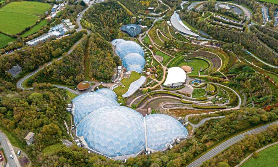 An aerial view of the Eden Project in Cornwall.