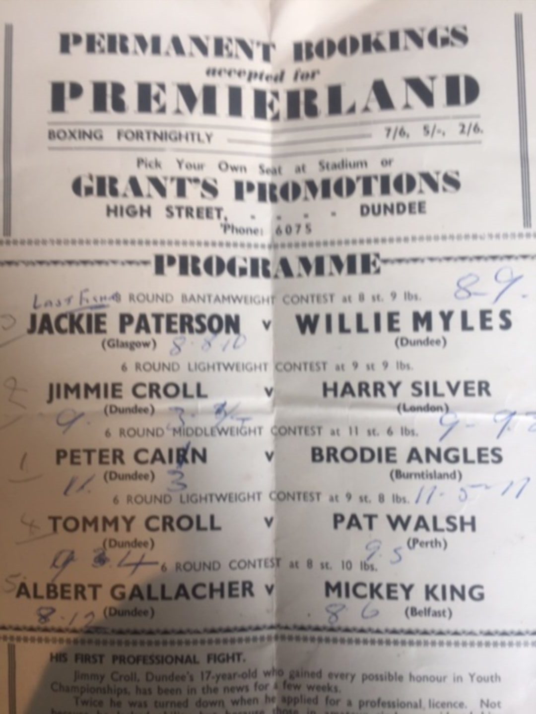 Premierland boxing programme.