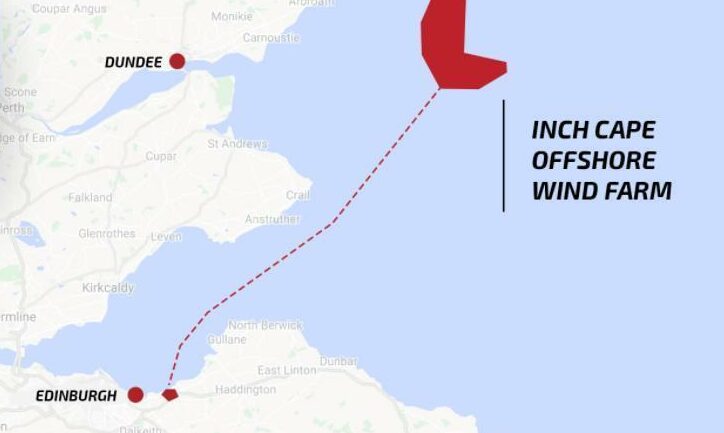 A map showing how Inch Cape Offshore wind farm will be located about 10 miles from the coast of Arbroath.