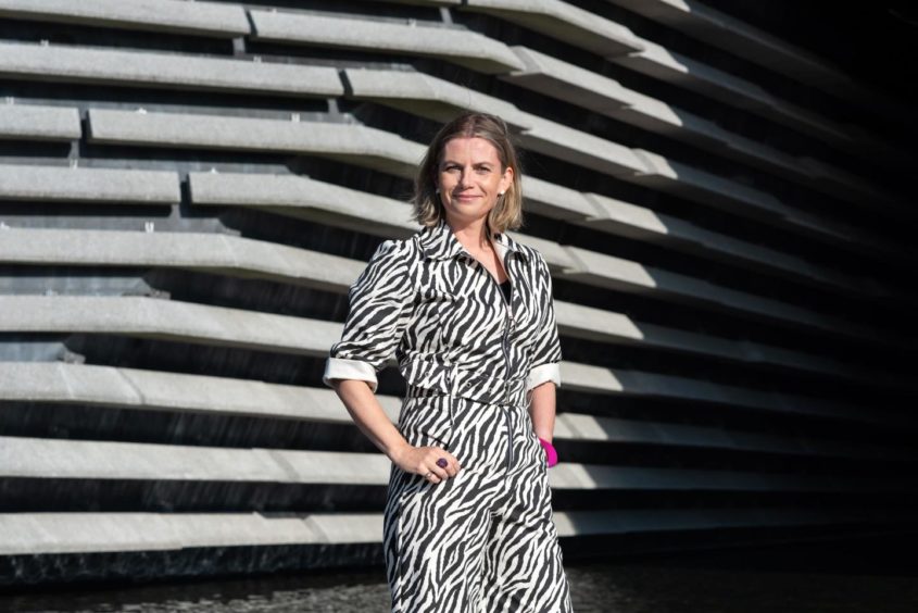 V&A Director Leonie Bell wearing a design from Dundee-based fashion designer, Hayley Scanlan.