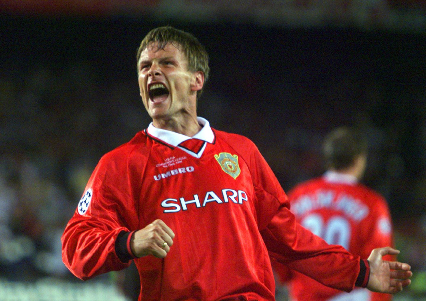 Teddy Sheringham celebrates scoring equaliser for Manchester United in Champions League Final win over Bayern Munich in 1999.