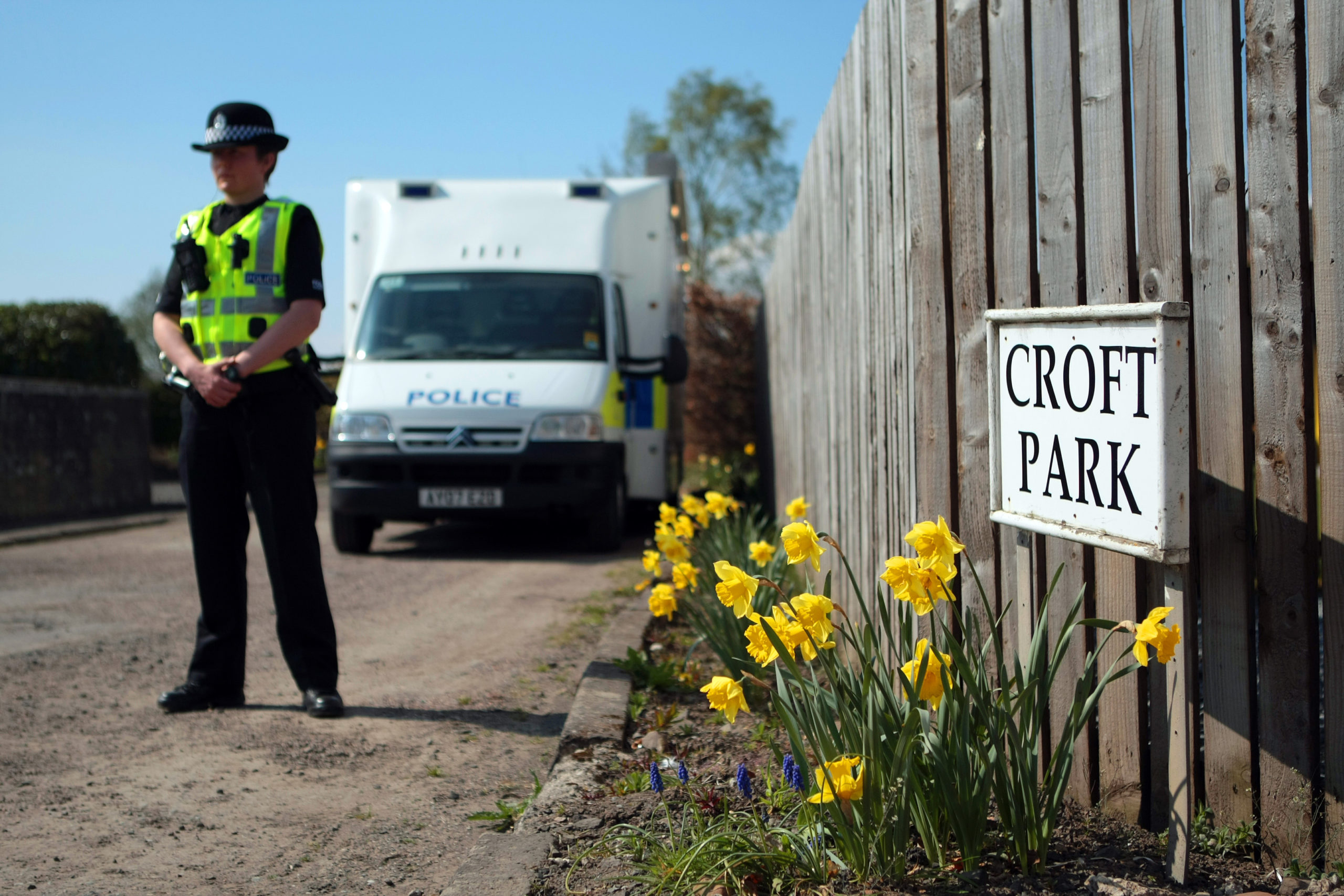 Kris Miller, Courier, 24/04/15. Picture today at Croft Park, Balbeggie where police were still conducting investigation work into a murder in the quiet Perthshire village.