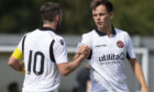 Lawrence Shankland celebrates with Nicky Clark after finding the net against Dumbarton, pre-season.