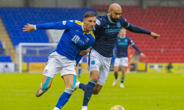 St Johnstone's Michael O'Halloran and Dundee's Liam Fontaine.