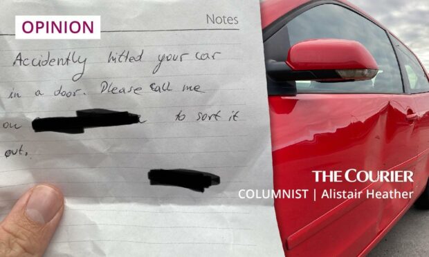 A bashed car, and a sad note.