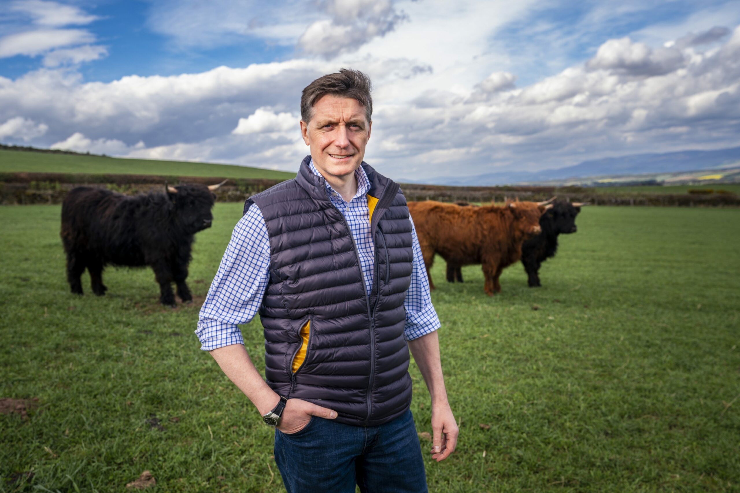 Simon Howie in a field with cows behind him.