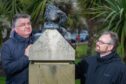 Russell Kay and Mike Dailly at the Lemmings statues on Perth Road.