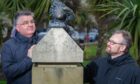 Russell Kay and Mike Dailly at the Lemmings statues on Perth Road.