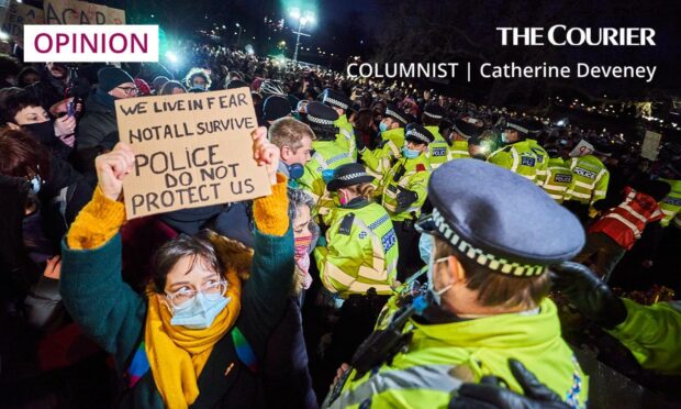 Placards make clear the anger of women towards the police following the murder of Sarah Everard. Shutterstock.