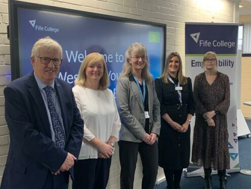 From left to right: Douglas Chapman, MP for Dunfermline and West Fife; Margarita Morrison, DWP area director for Scotland; Dorothee Leslie, vice principal of academic strategy at Fife College; Claire Lister, DWP youth hub co-ordinator for north-east Scotland and Dawn Clark, manager of admissions, employability and customer services at Fife College.