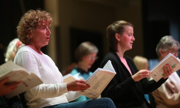 Dundee Choral Union and St Andrews Chorus with conductor Derek Clark, rehearsing in the Caird Hall, for Verdi's Requiem.